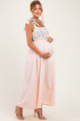 Pink Striped Sleeveless Smocked Floral Maternity Maxi Dress