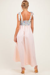 Pink Striped Sleeveless Smocked Floral Maternity Maxi Dress