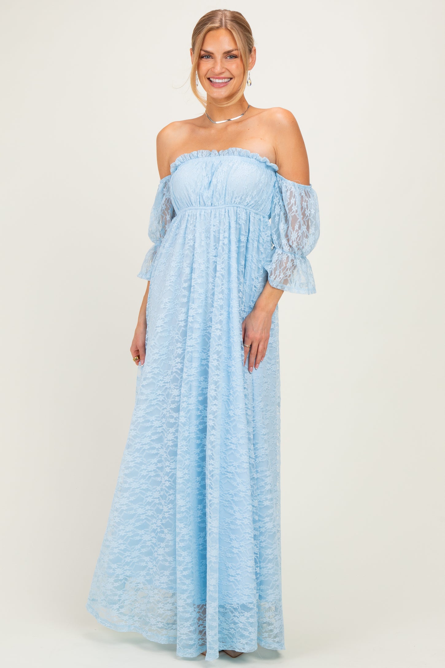 Light Blue Lace Off Shoulder Maxi Dress