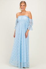 Light Blue Lace Off Shoulder Maternity Maxi Dress