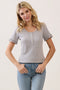 Heather Grey Ruffle Trim Pointelle Knit Henley Top