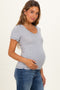 Heather Grey Ruffle Trim Pointelle Knit Maternity Henley Top