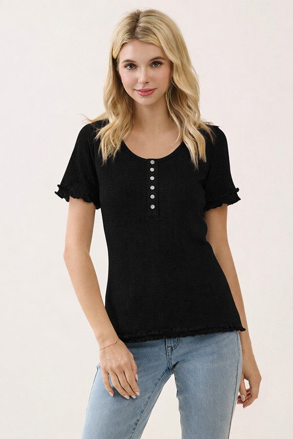 Black Ruffle Trim Pointelle Knit Henley Top