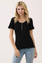 Black Ruffle Trim Pointelle Knit Henley Top