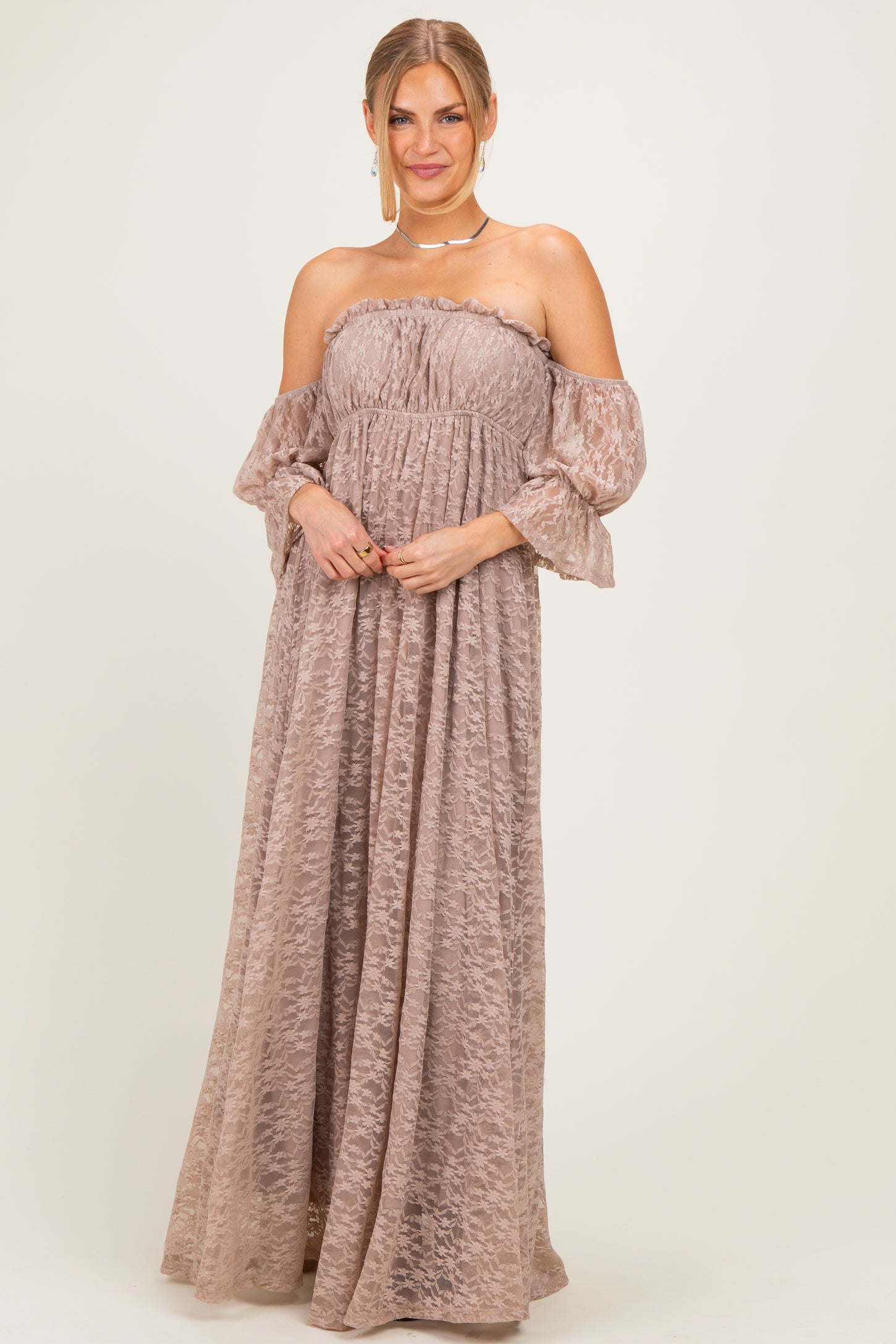 Mocha Lace Off Shoulder Maxi Dress