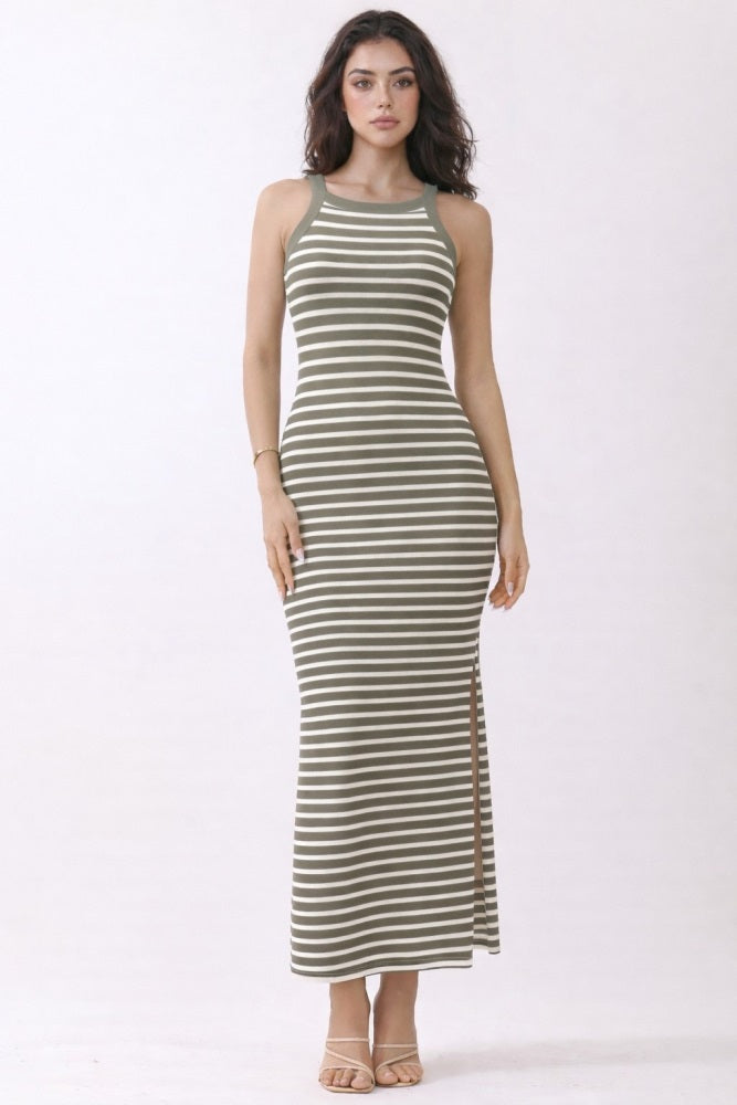Faded Olive Striped High Neck Ribbed Maternity Maxi Dress