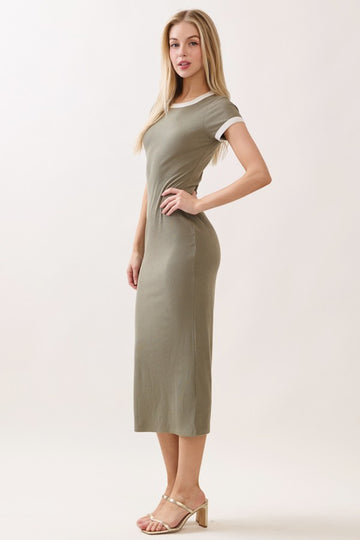 Faded Olive Colorblock Trim Midi Dress