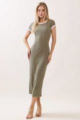 Faded Olive Colorblock Trim Midi Dress