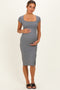 Light Charcoal Square Neck Side Slit Maternity Midi Dress