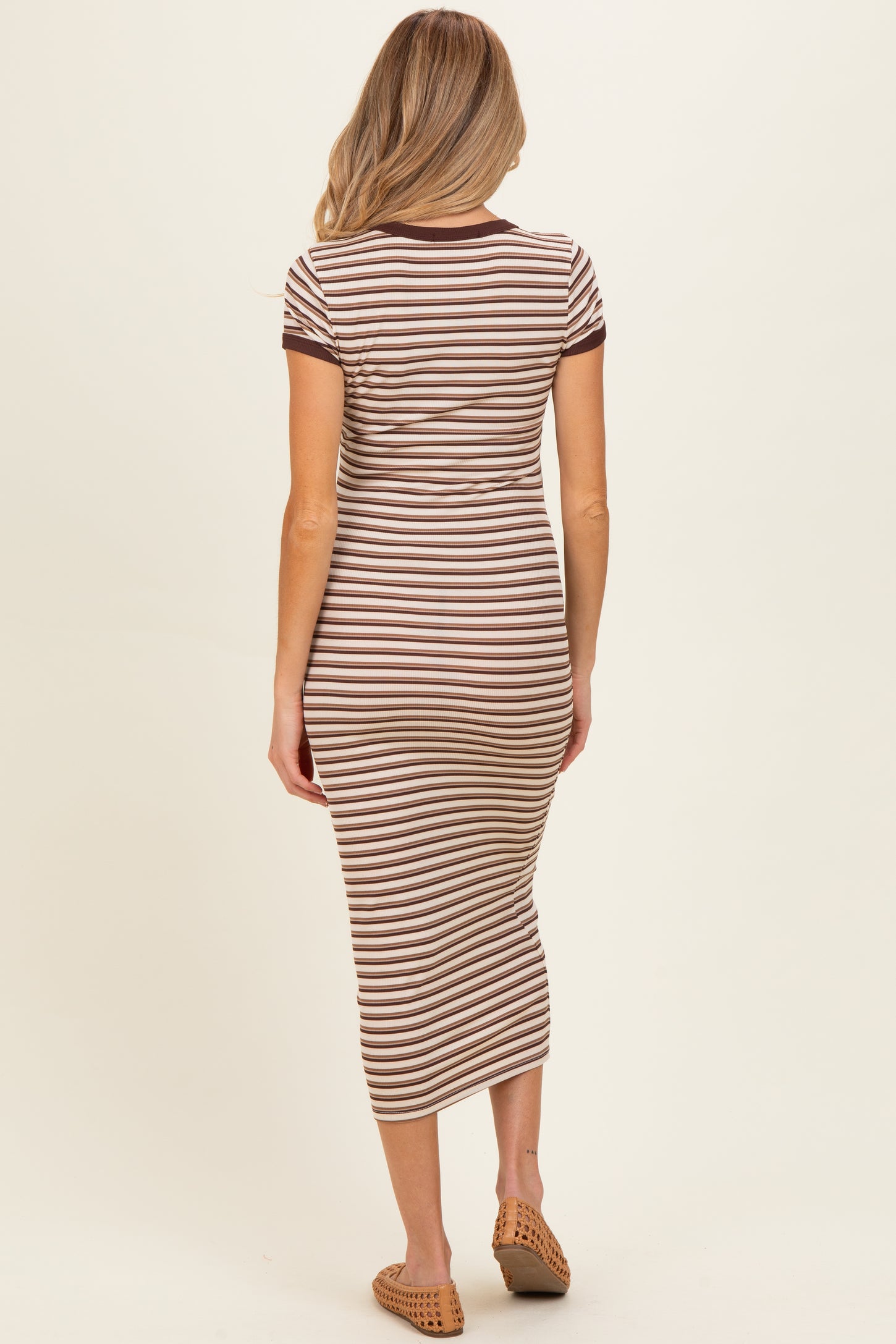 Ecru Striped Solid Trim Maternity Midi Dress