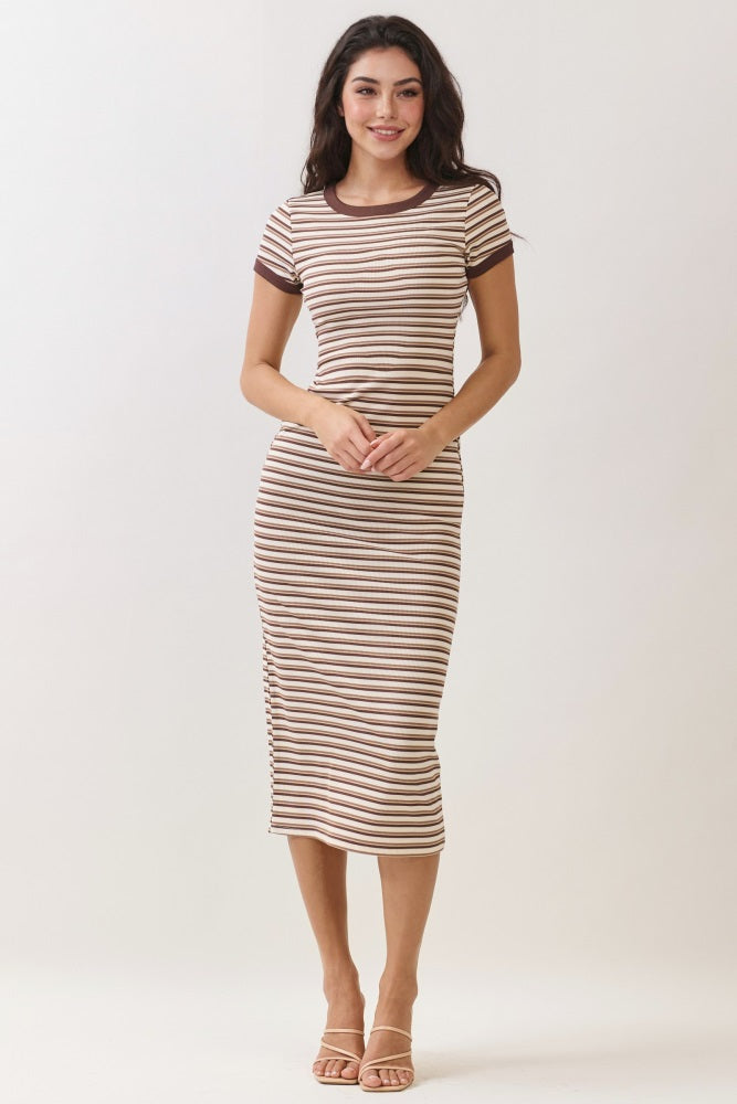 Ecru Striped Solid Trim Midi Dress – PinkBlush