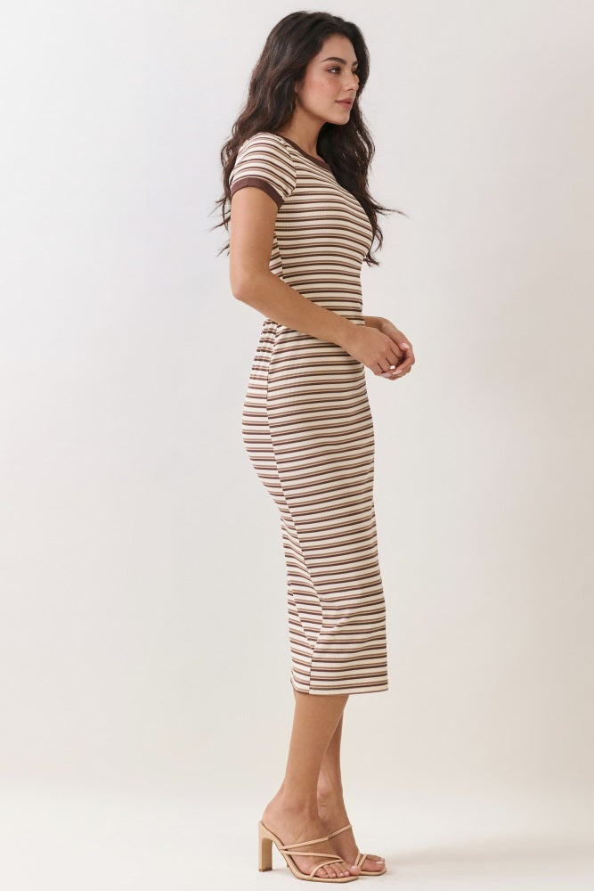 Ecru Striped Solid Trim Midi Dress