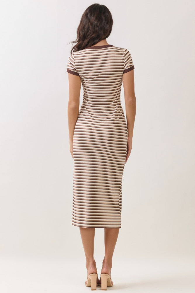 Ecru Striped Solid Trim Midi Dress