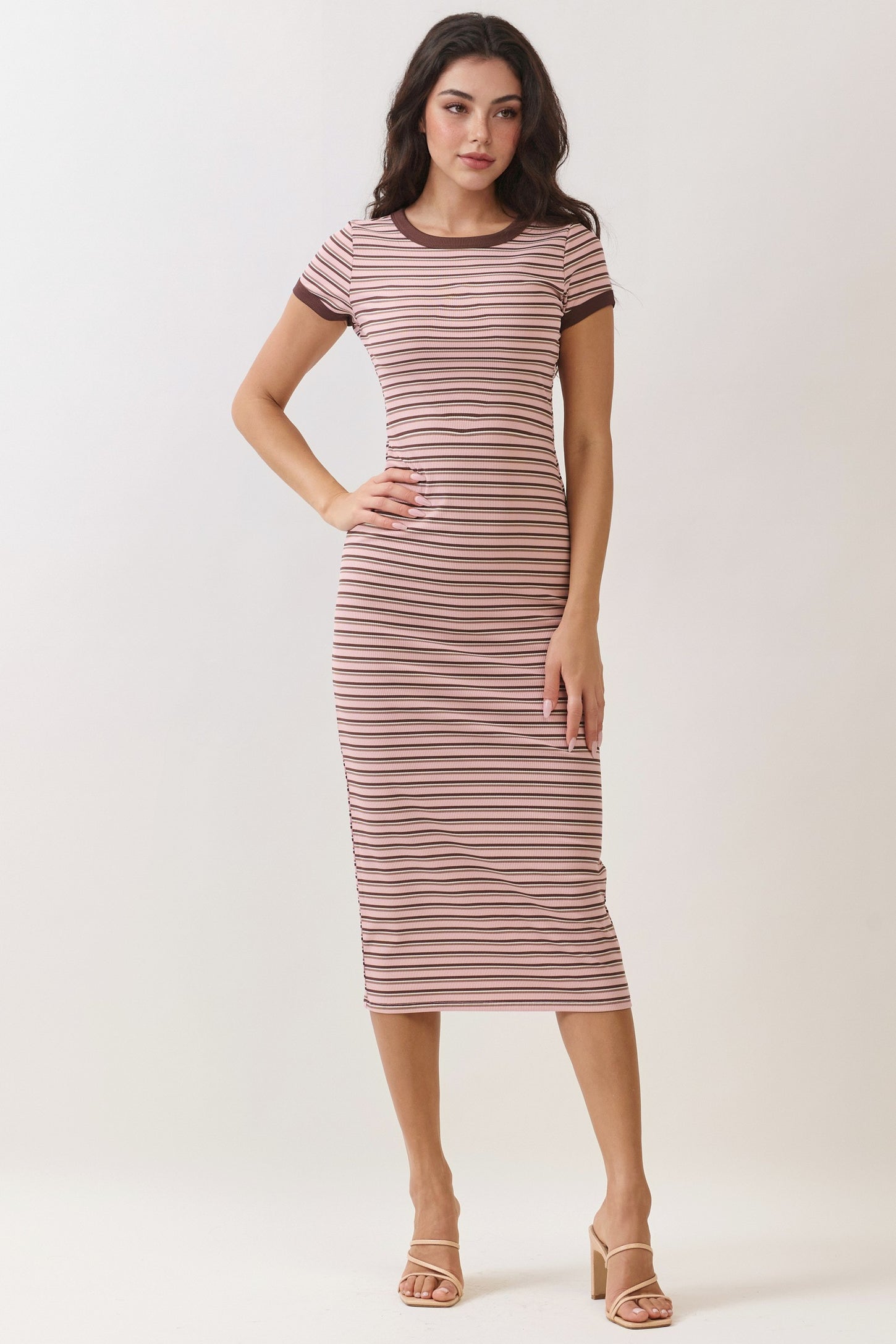 Light Pink Striped Solid Trim Maternity Midi Dress