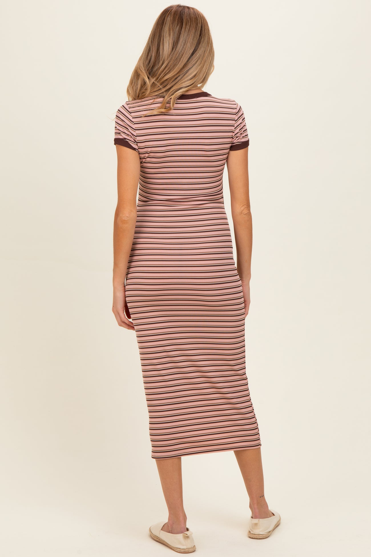 Light Pink Striped Solid Trim Maternity Midi Dress PinkBlush Light Pink Striped Solid Trim Maternity Midi Dress PinkBlush