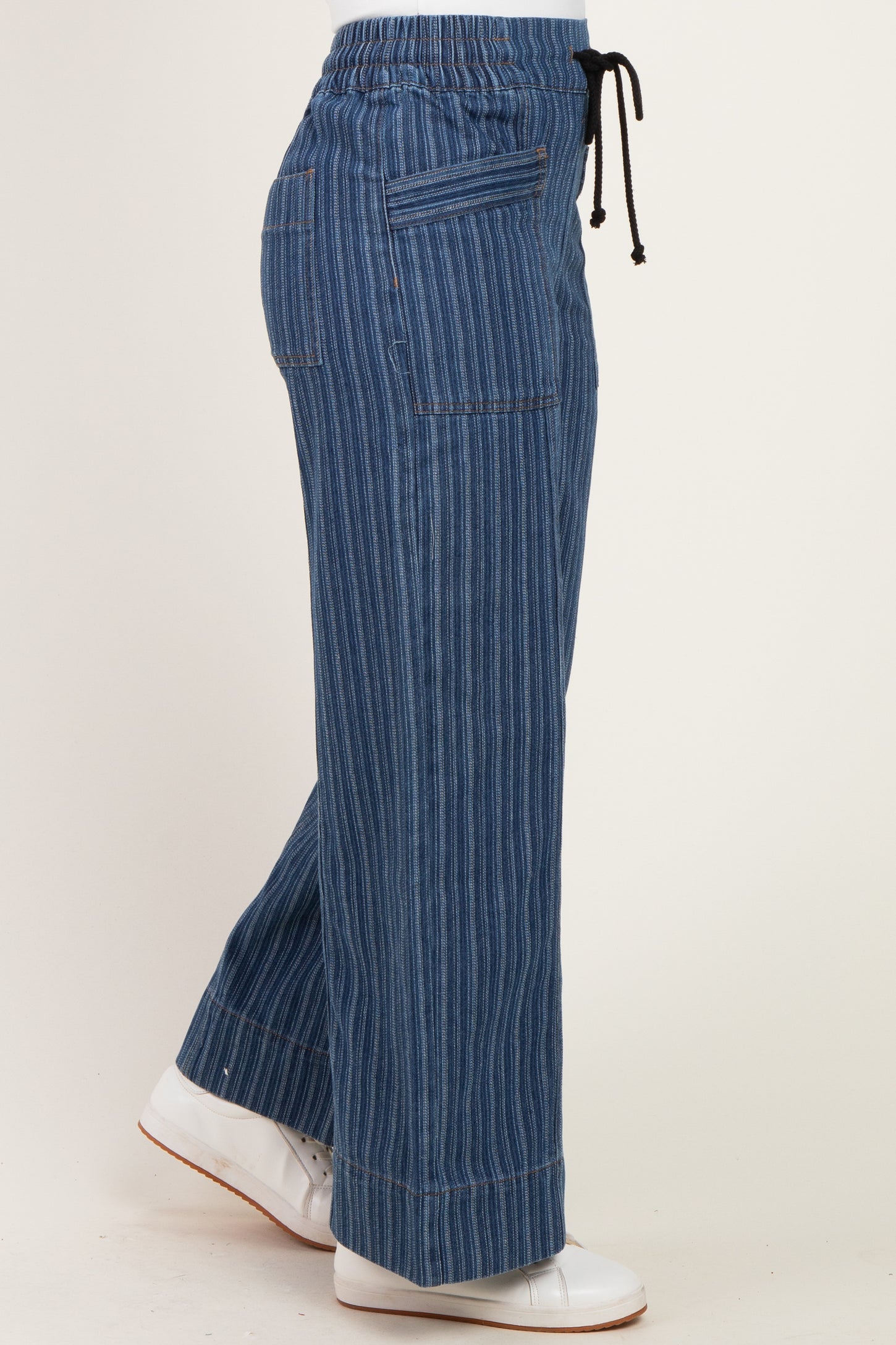 Dark Denim Striped Wide Leg Trousers