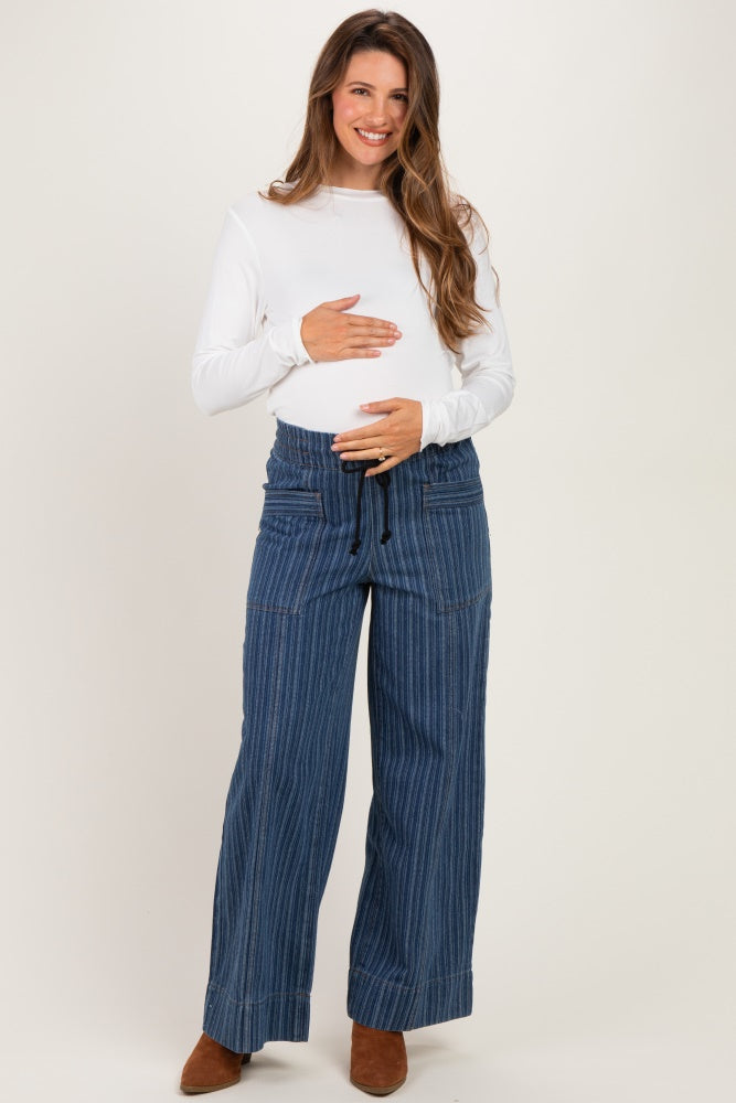 Dark Denim Striped Wide Leg Maternity Trousers