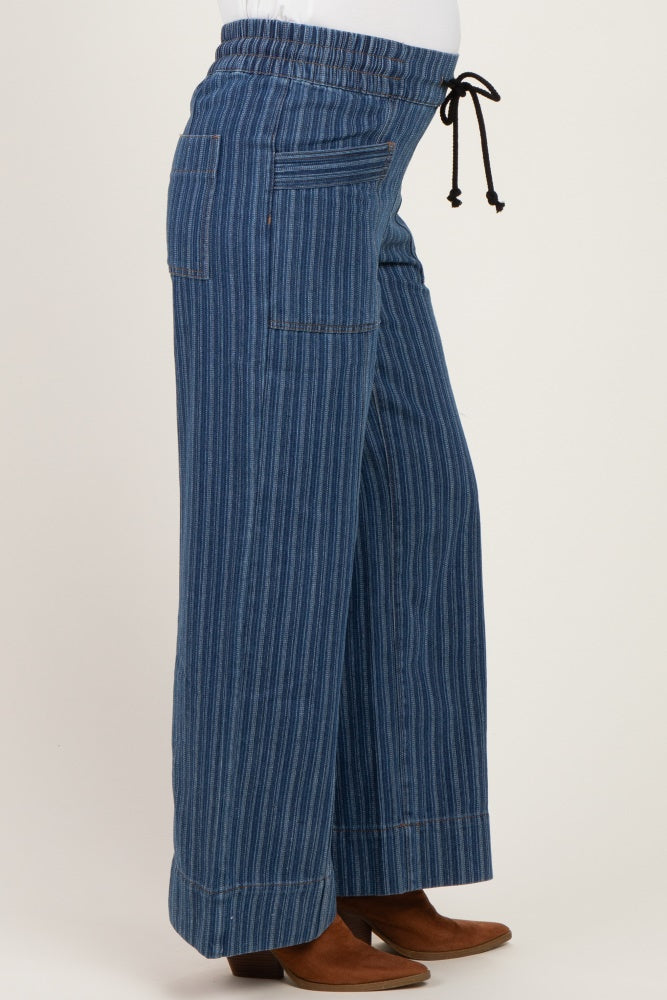 Dark Denim Striped Wide Leg Maternity Trousers
