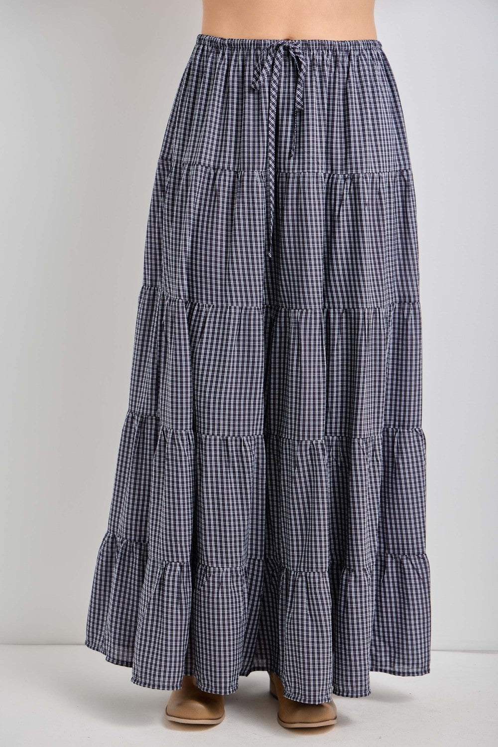 Navy Plaid Drawstring Tiered Maternity Midi Skirt