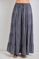 Navy Plaid Drawstring Tiered Maternity Midi Skirt