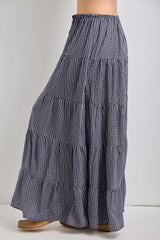 Navy Plaid Drawstring Tiered Midi Skirt