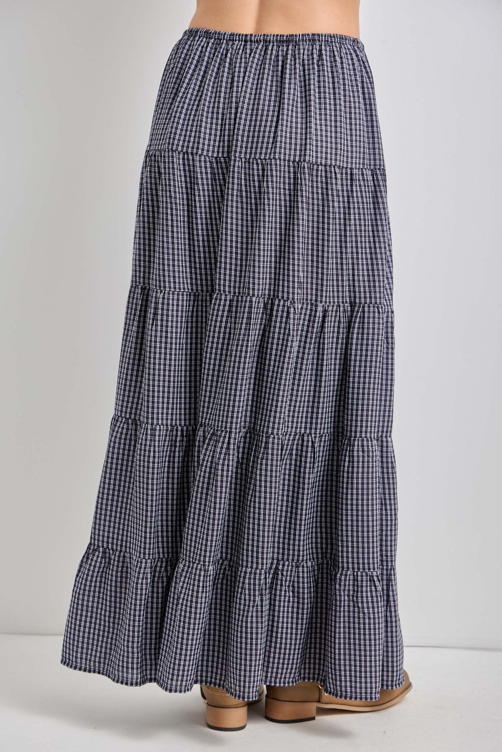 Navy Plaid Drawstring Tiered Midi Skirt