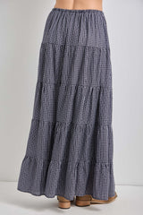 Navy Plaid Drawstring Tiered Midi Skirt