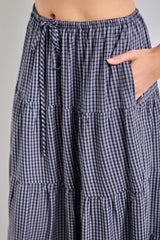 Navy Plaid Drawstring Tiered Midi Skirt
