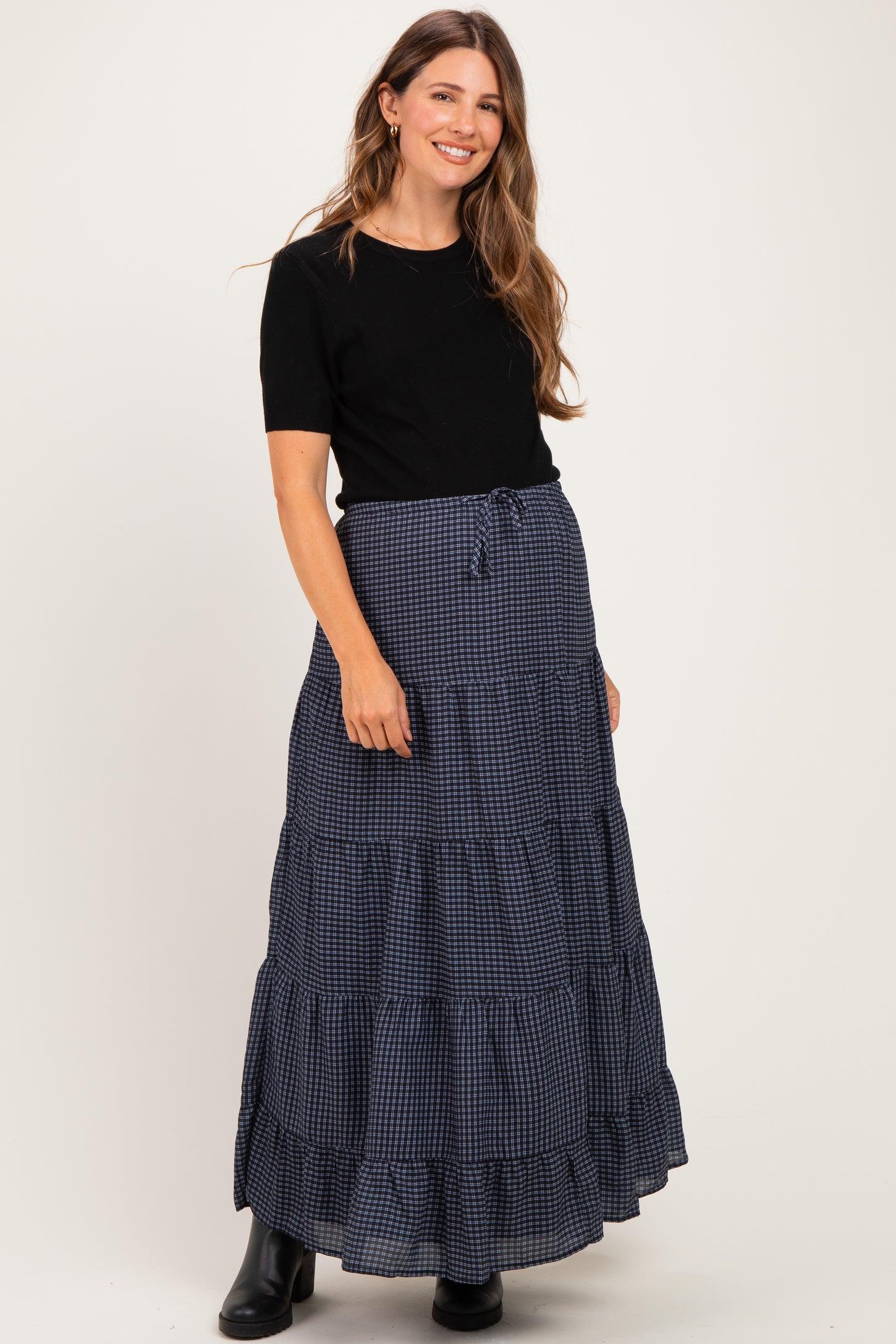 Navy Plaid Drawstring Tiered Maternity Midi Skirt
