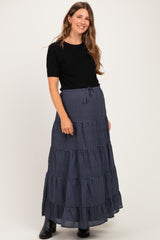Navy Plaid Drawstring Tiered Maternity Midi Skirt