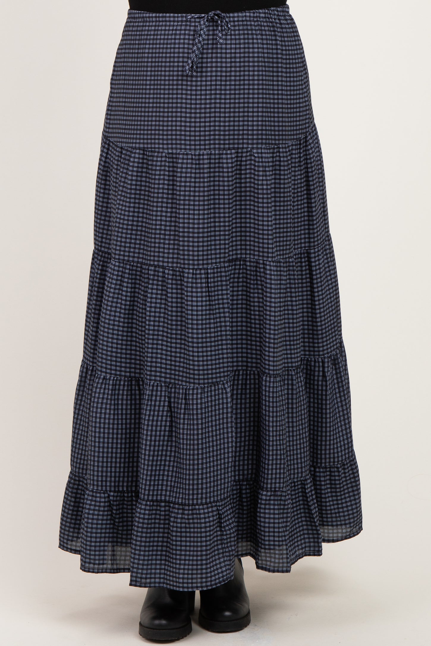Navy Plaid Drawstring Tiered Maternity Midi Skirt