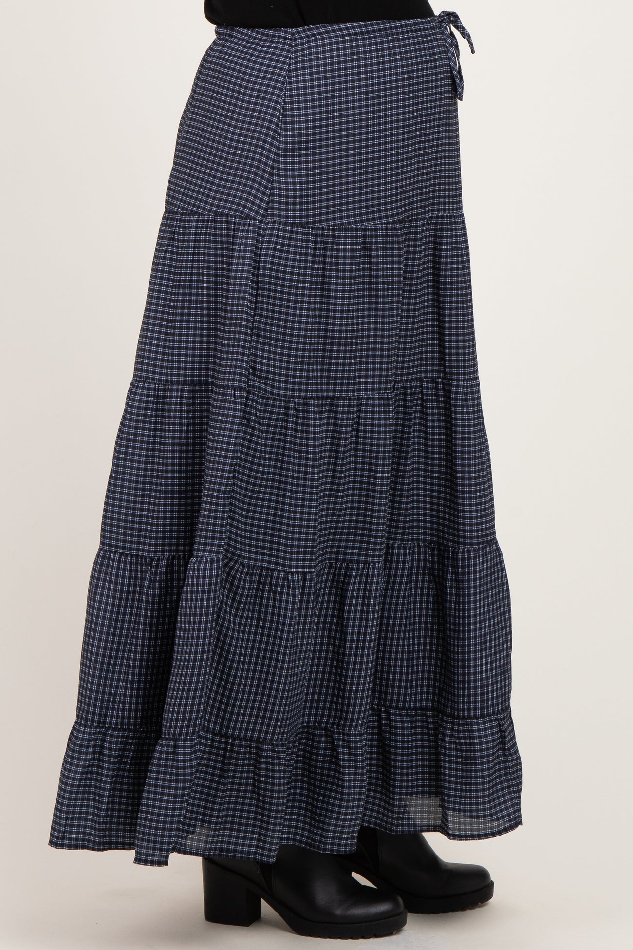 Navy Plaid Drawstring Tiered Maternity Midi Skirt