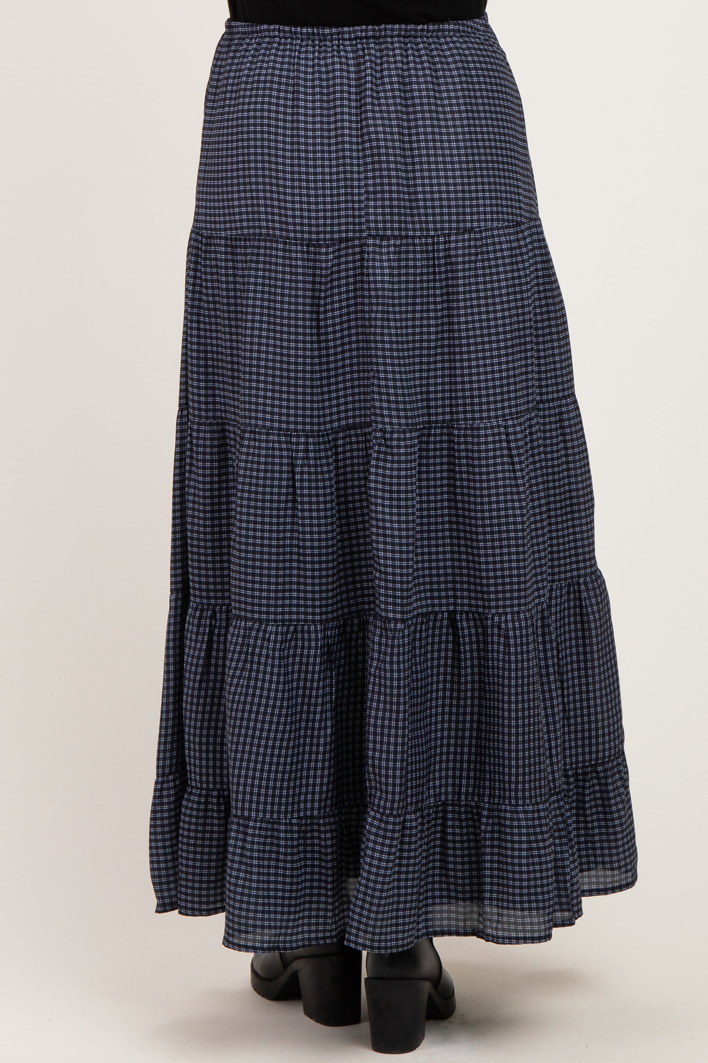 Navy Plaid Drawstring Tiered Maternity Midi Skirt
