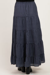 Navy Plaid Drawstring Tiered Maternity Midi Skirt