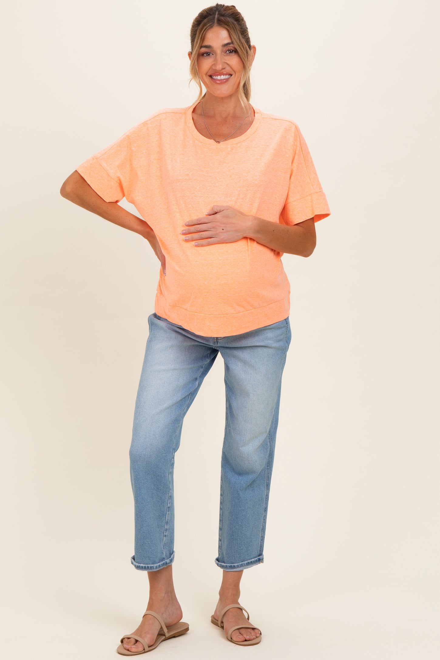 Neon Coral Oversized Maternity Short Sleeve Top