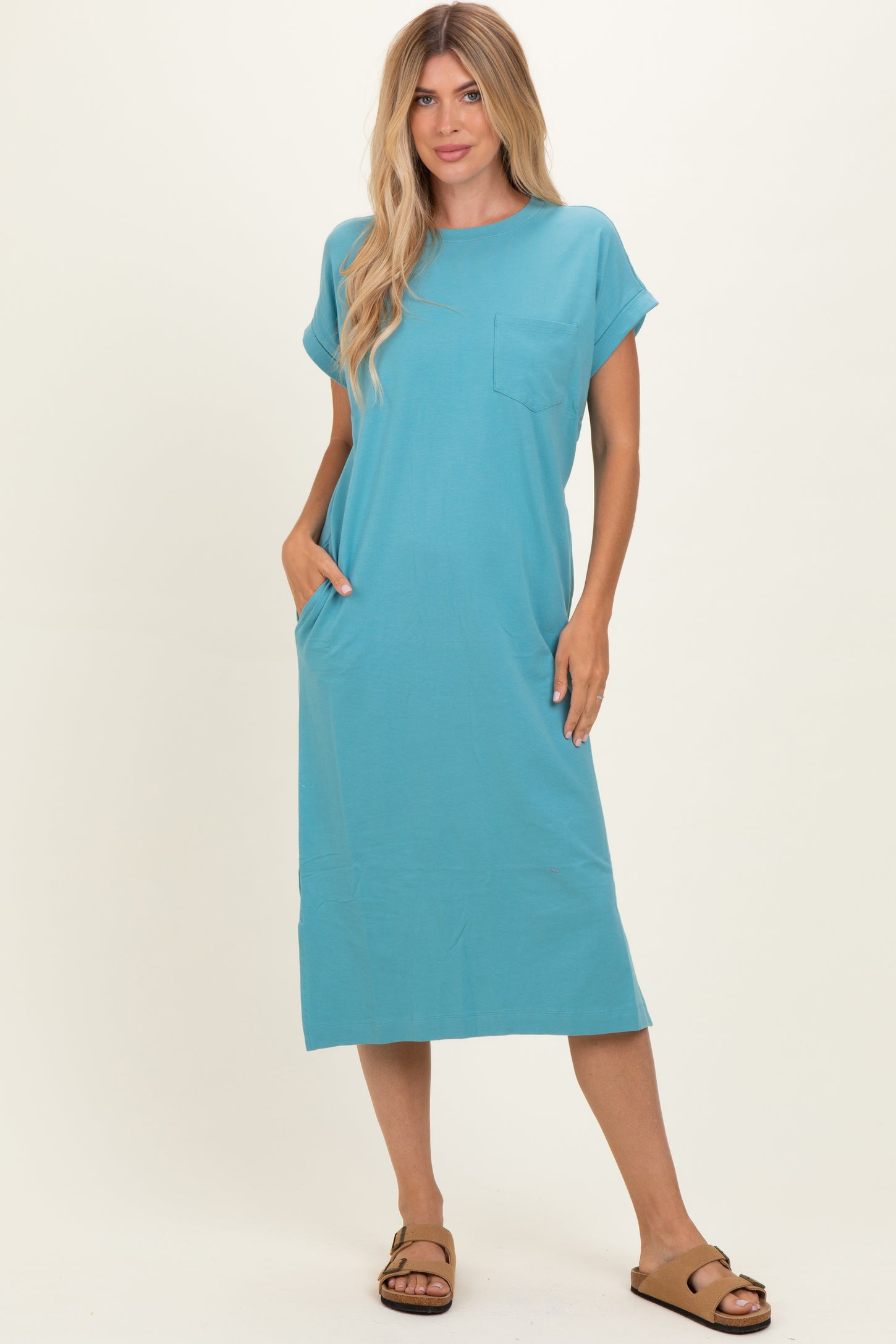 Dusty Teal Pocket Front Midi T-Shirt Dress – PinkBlush