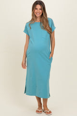 Dusty Teal Pocket Front Maternity Midi T-Shirt Dress