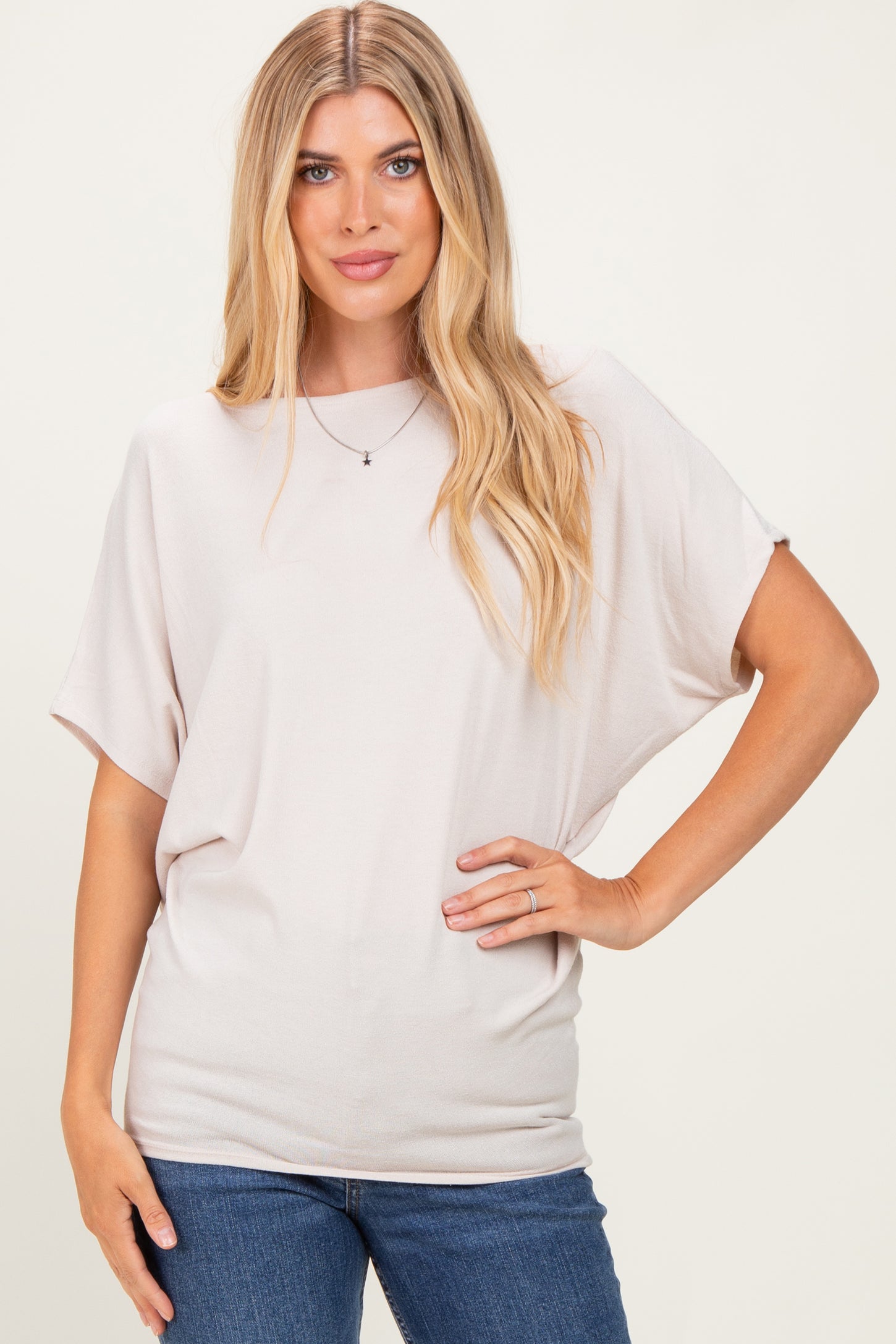 Sand Beige Dolman Sleeve Boat Neck Top
