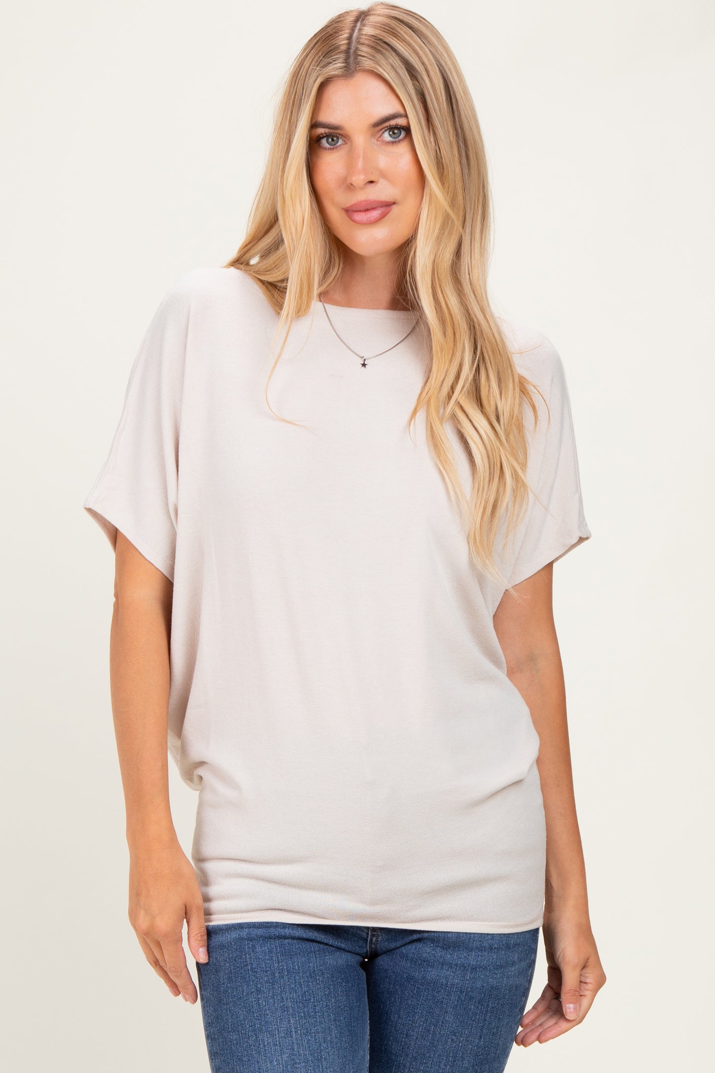 Sand Beige Dolman Sleeve Boat Neck Top