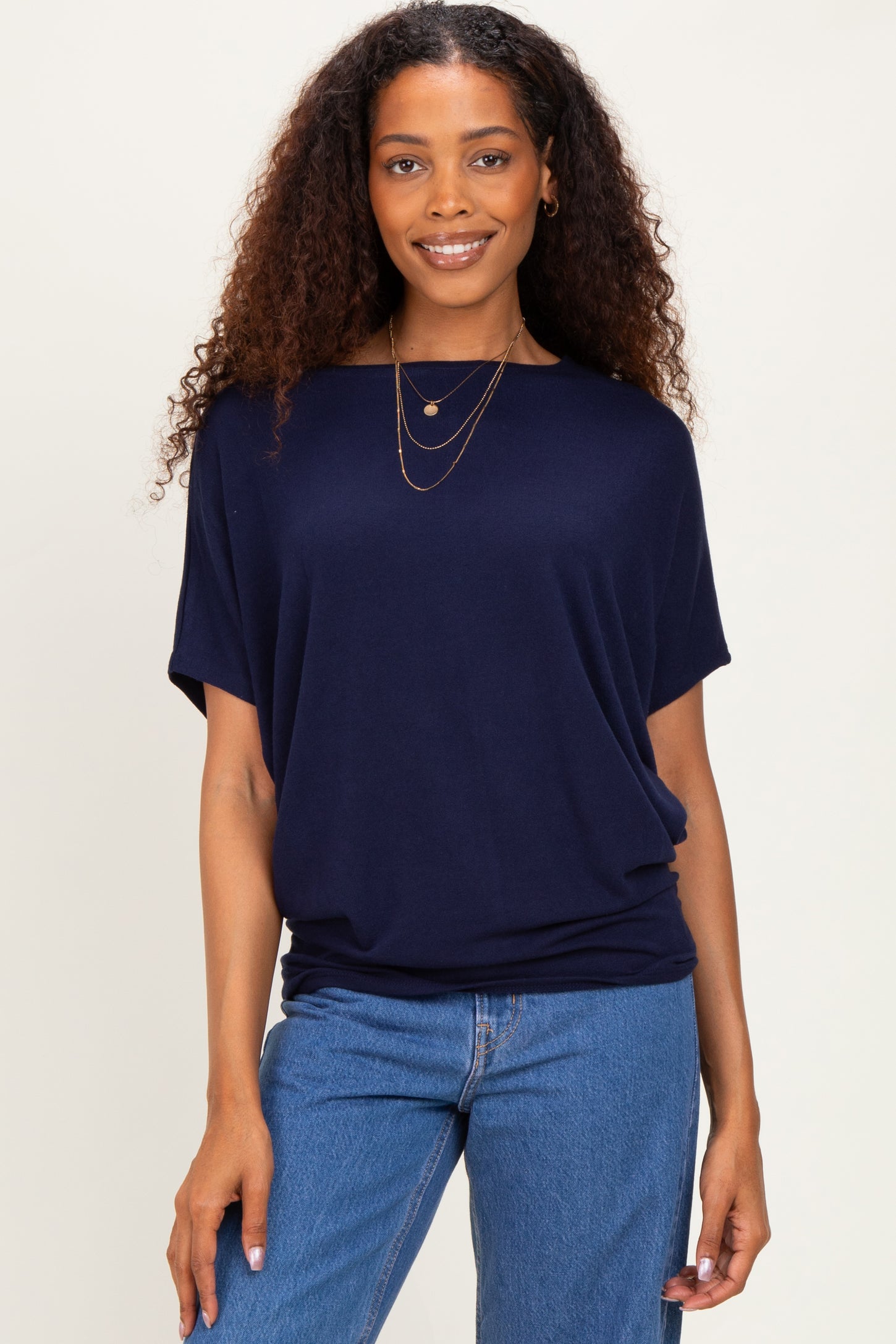Navy Dolman Sleeve Boat Neck Top