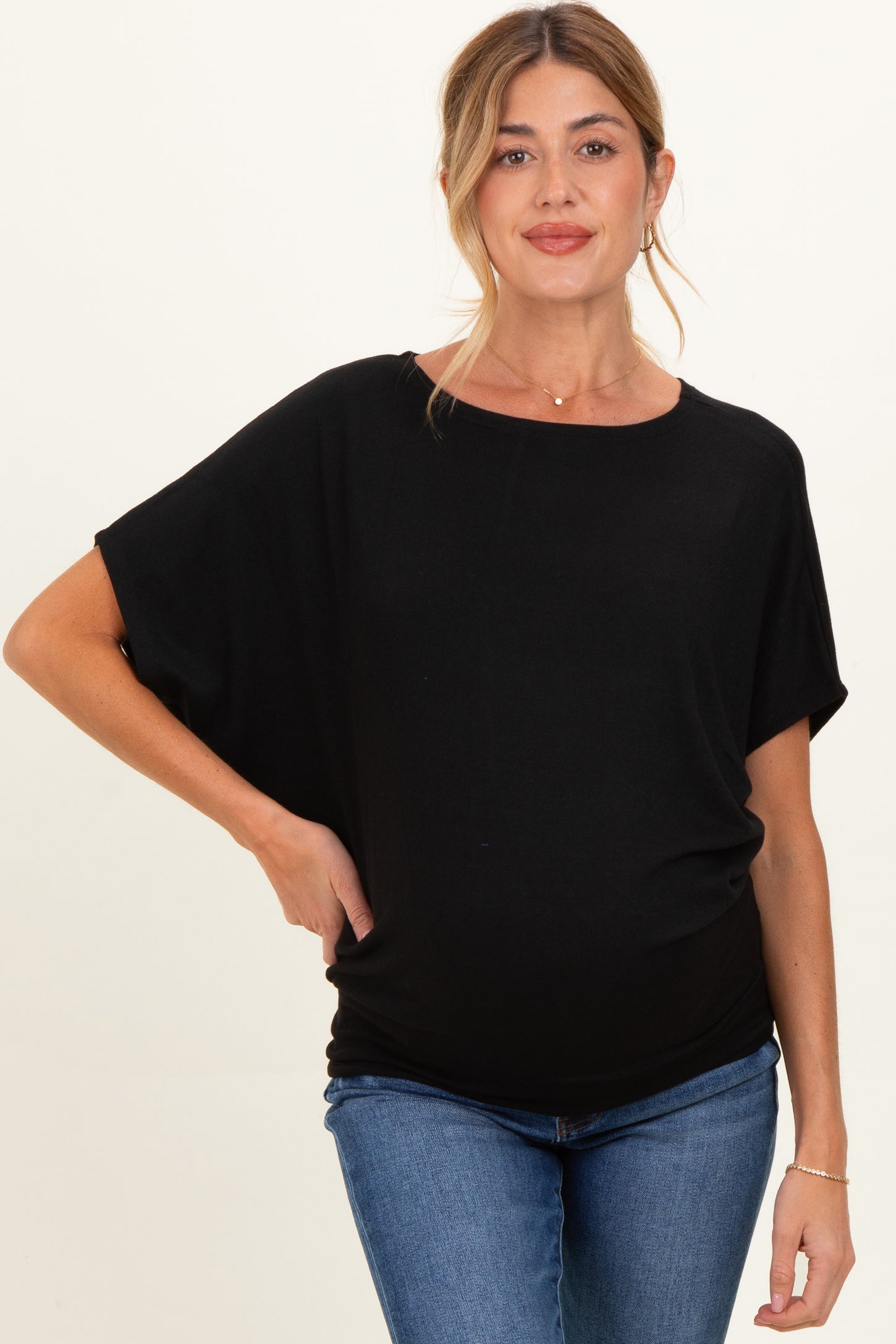 Black Dolman Sleeve Boat Neck Maternity Top