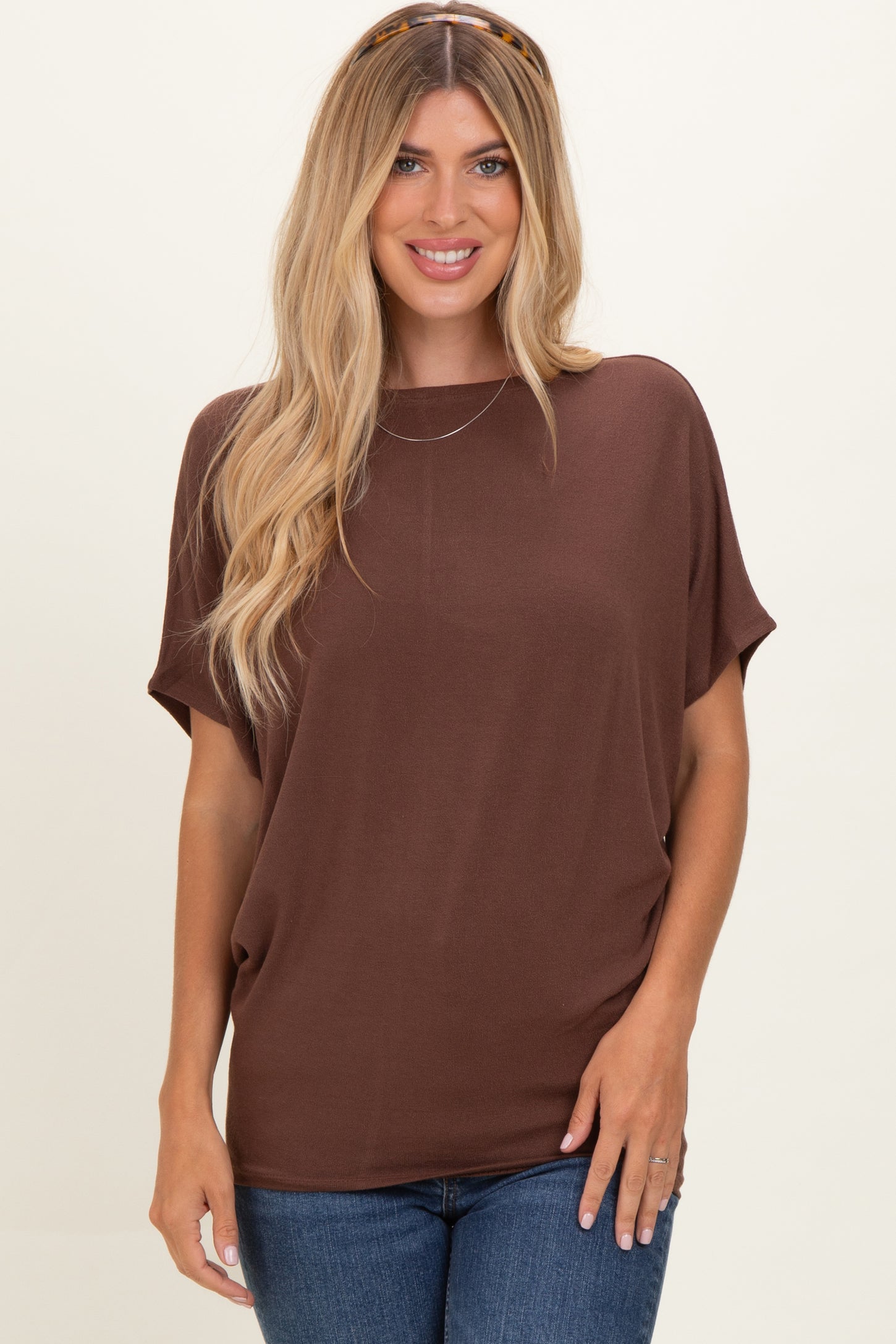 Brown Dolman Sleeve Boat Neck Maternity Top
