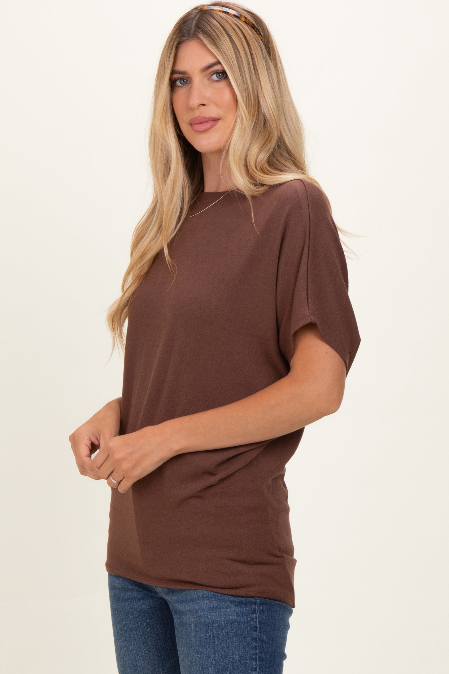 Brown Dolman Sleeve Boat Neck Top