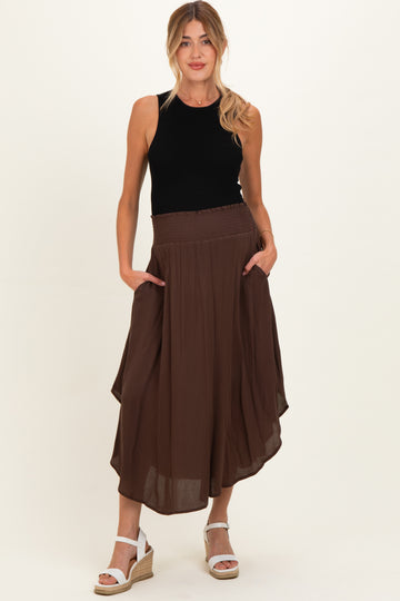 Chocolate Smocked Waist Rounded Hem Maternity Skirt