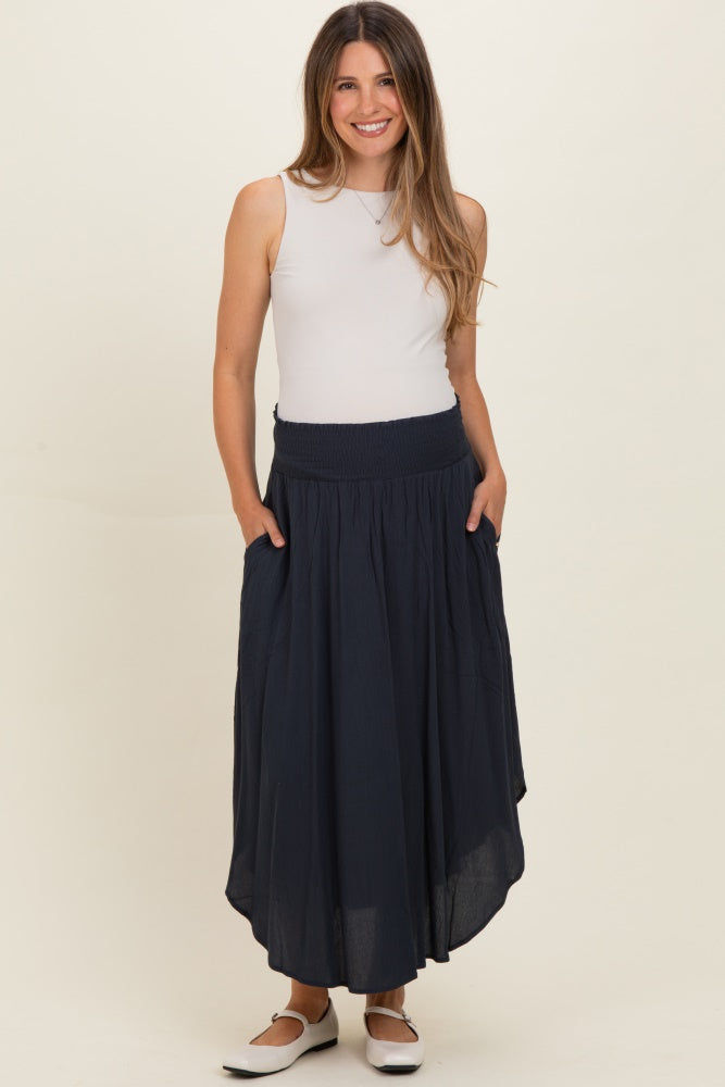 Midnight Smocked Waist Rounded Hem Maternity Skirt