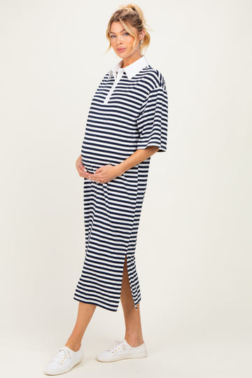 Navy Striped Oversized Maternity Polo Dress