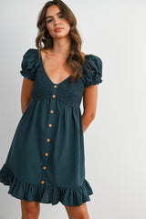 Dark Green Gingham Button Accent Mini Dress