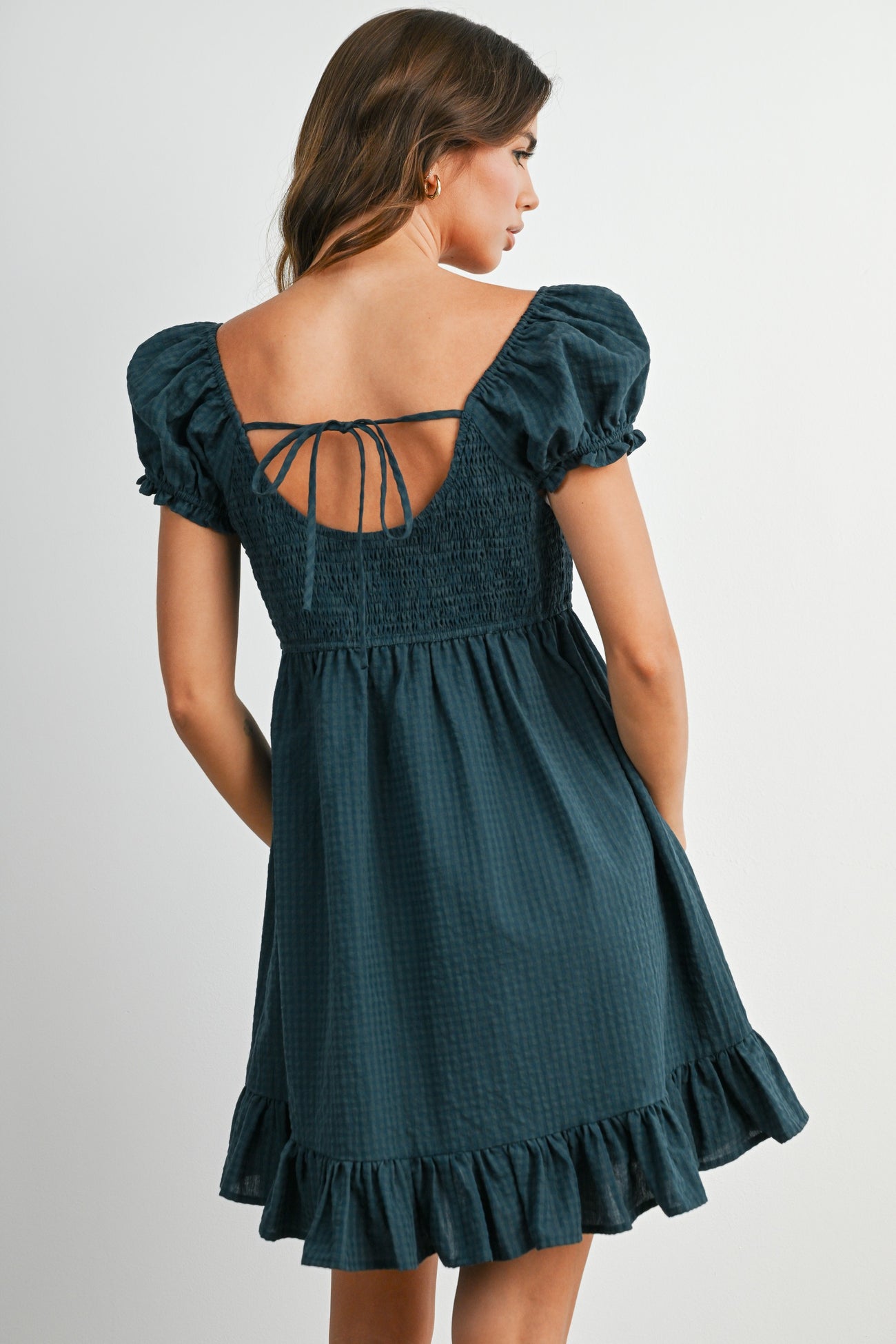 Dark Green Gingham Button Accent Mini Dress