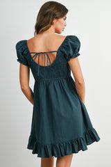 Dark Green Gingham Button Accent Mini Dress