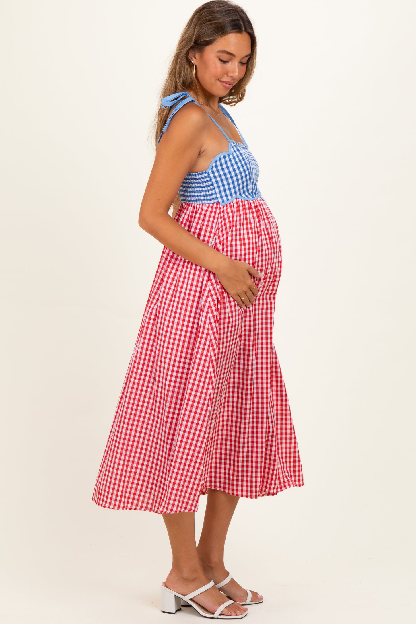 Red Gingham Colorblock Scallop Trim Maternity Midi Dress